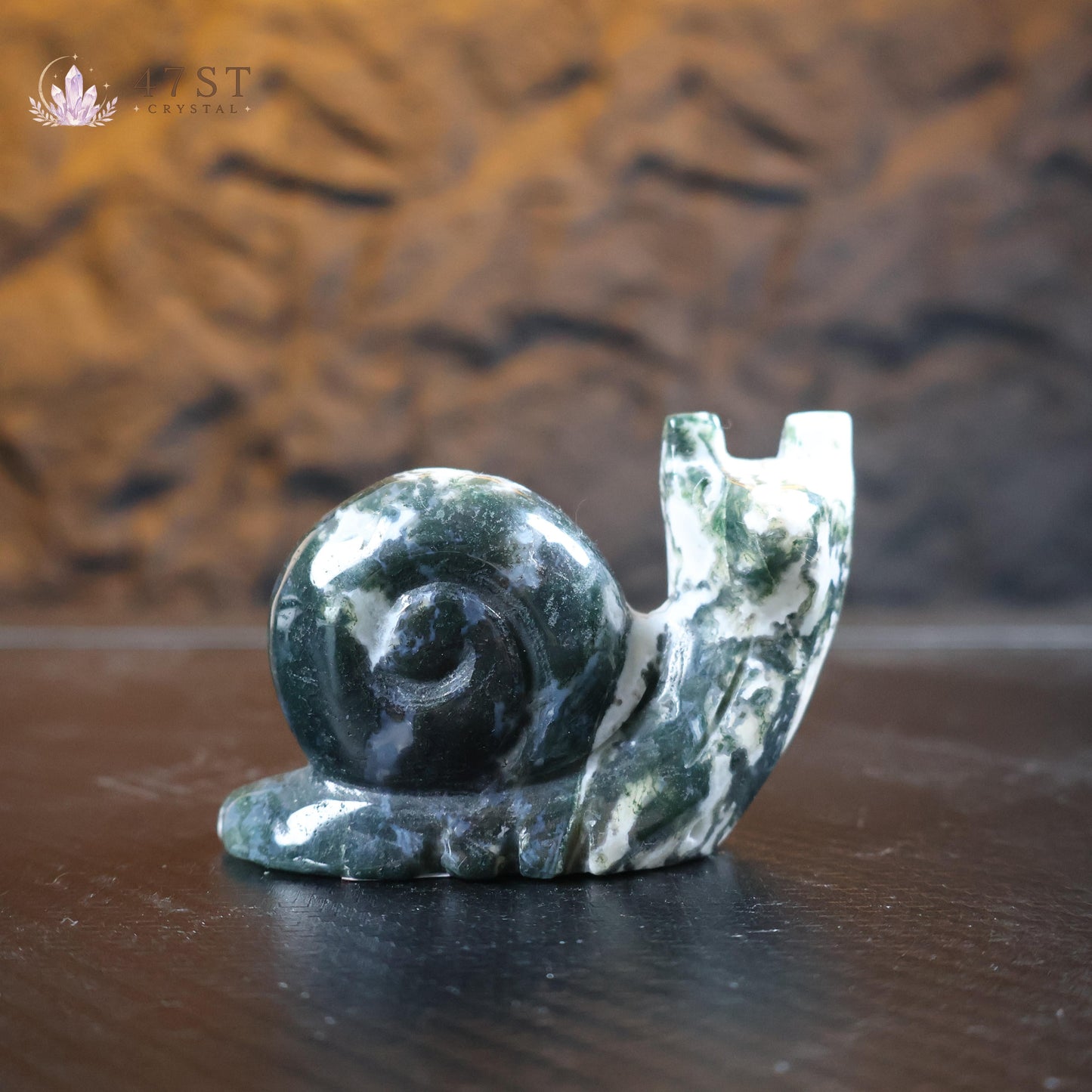 Moss Agate Snail Carving