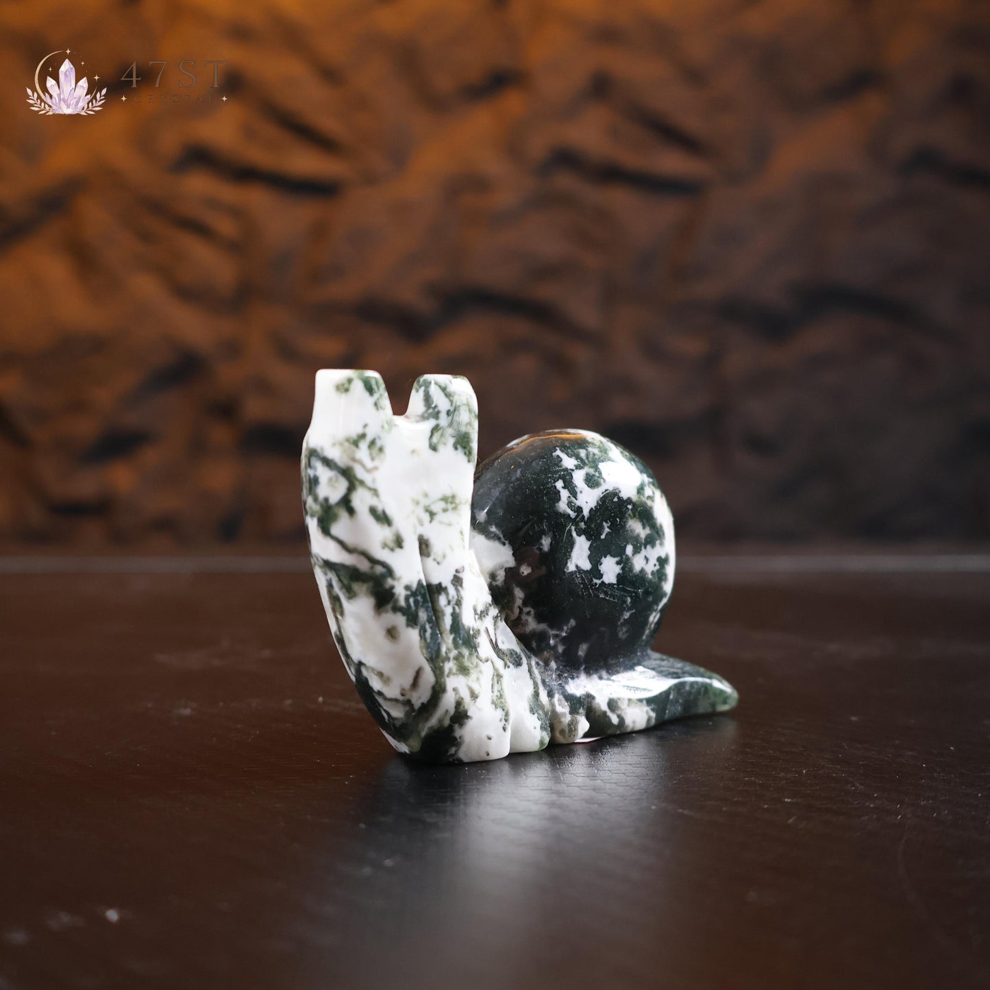 Moss Agate Snail Carving