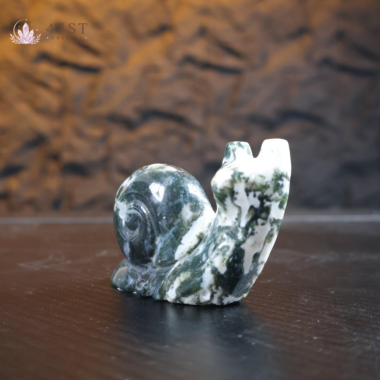 Moss Agate Snail Carving