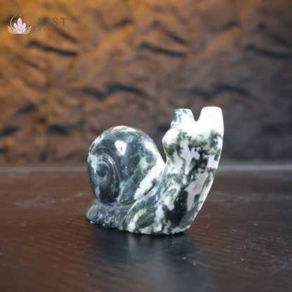 Moss Agate Snail Carving