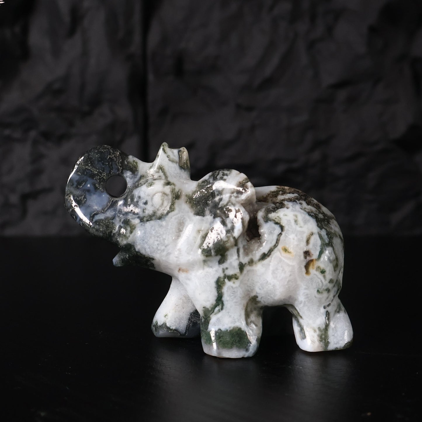 Moss Agate Elephant Carving