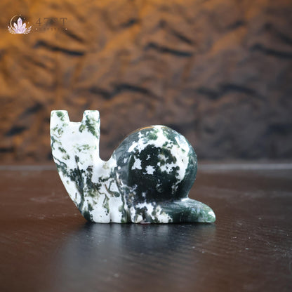 Moss Agate Snail Carving