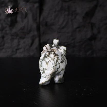 Moss Agate Elephant Carving