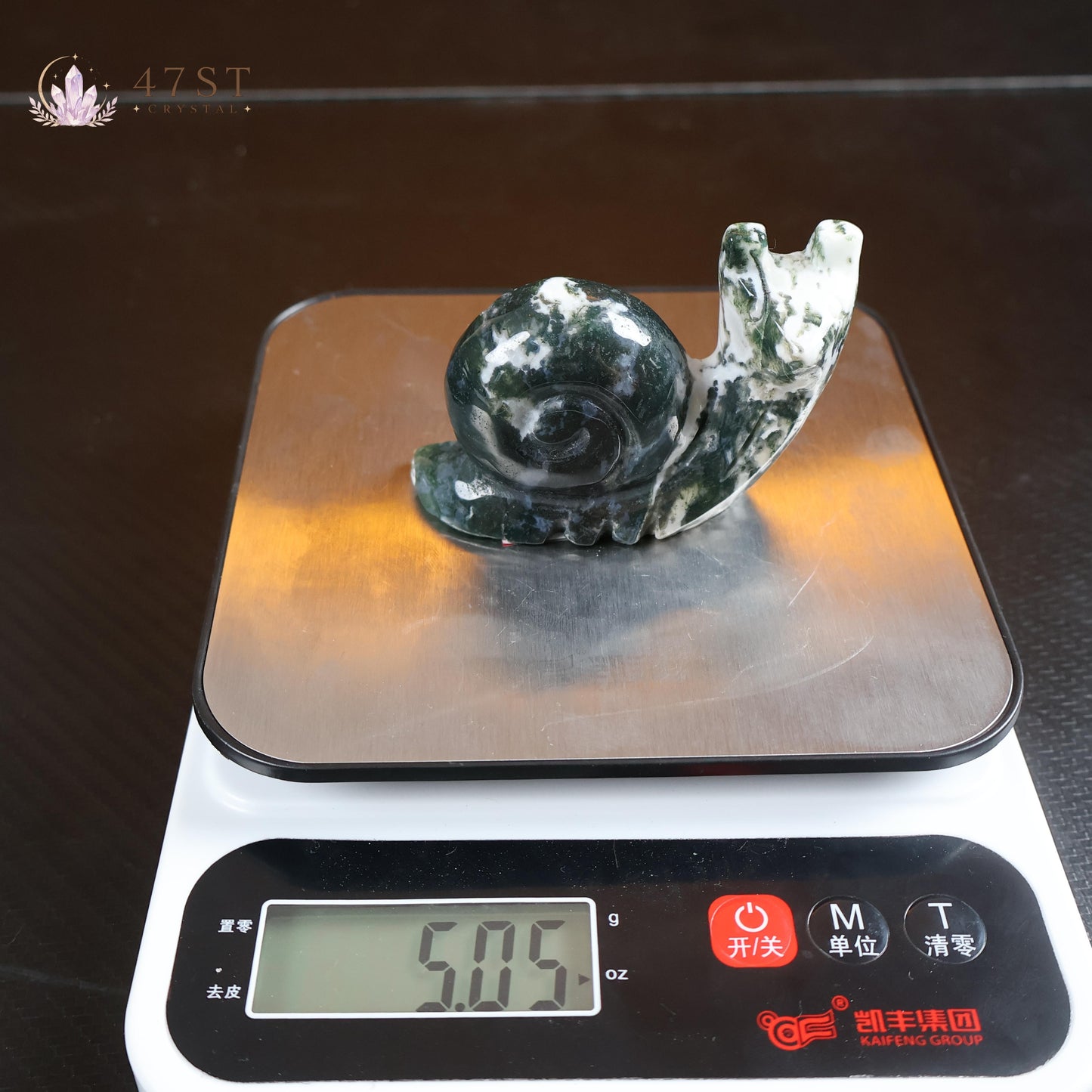 Moss Agate Snail Carving