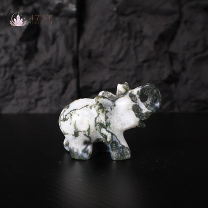 Moss Agate Elephant Carving