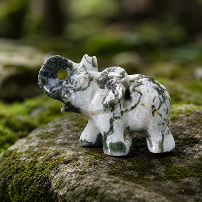 Moss Agate Elephant Carving