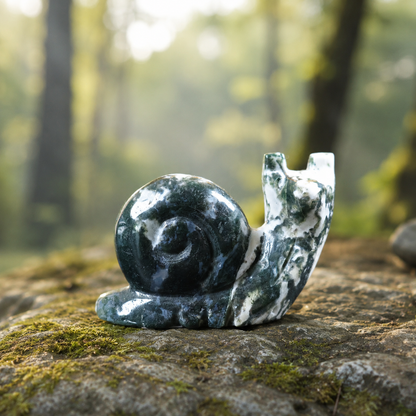 Moss Agate Snail Carving