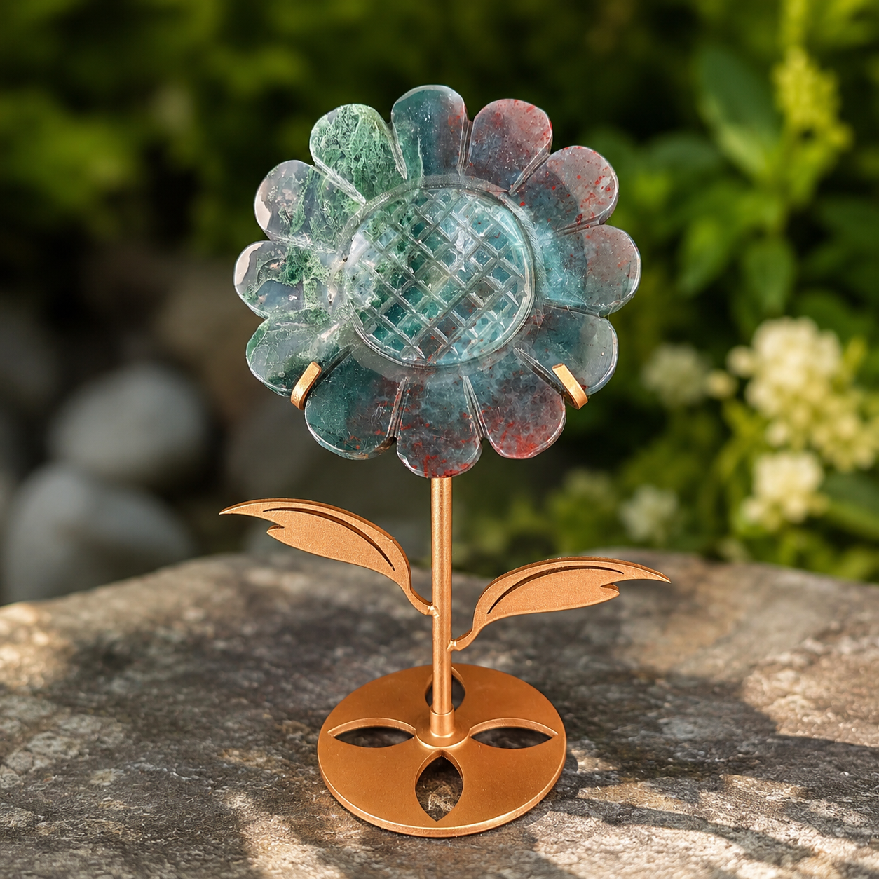 Moss Agate Sunflower Sculpture