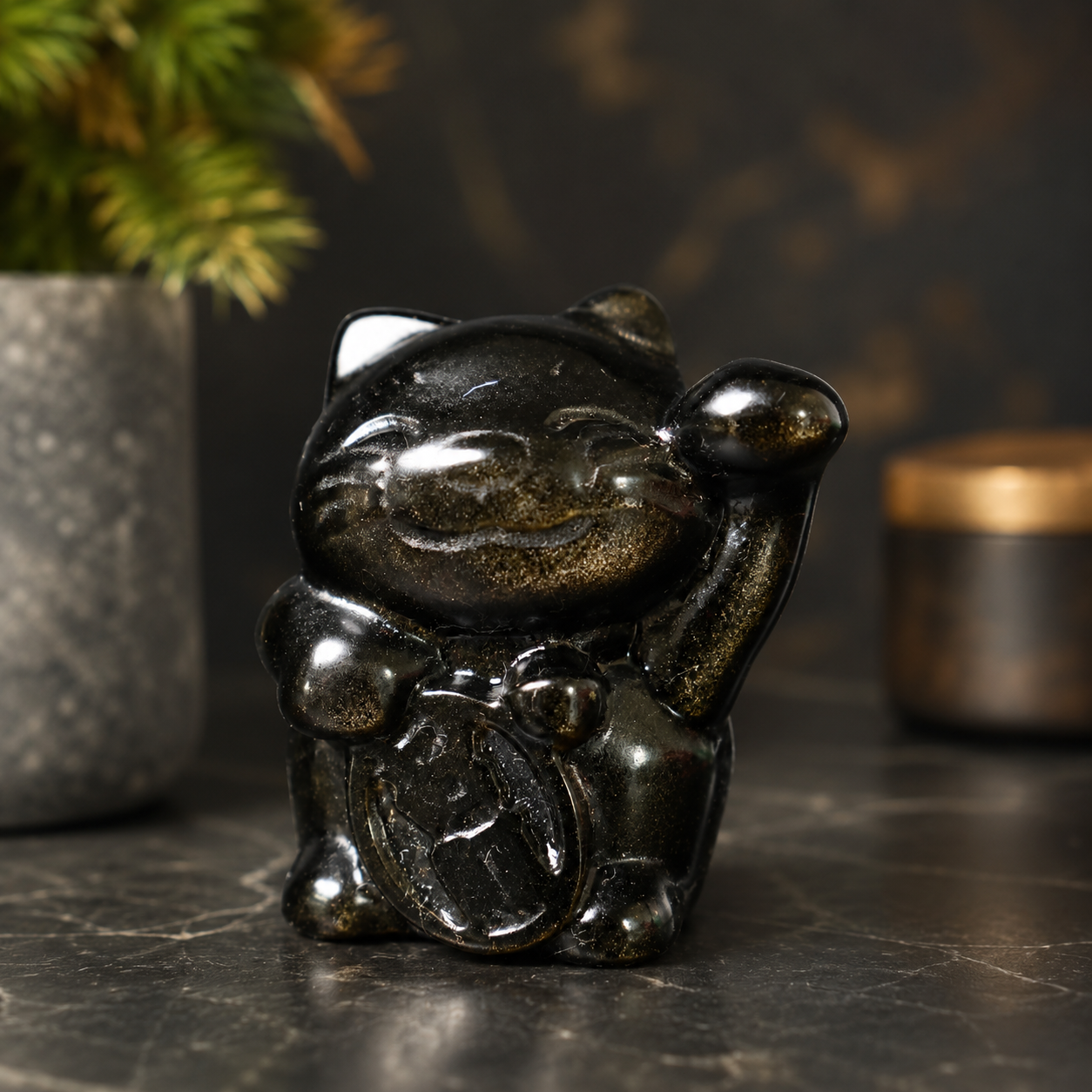 Gold Sheen Obsidian Lucky Cat
