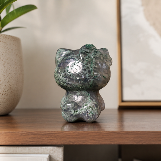 Moss Agate Hello Kitty Carving