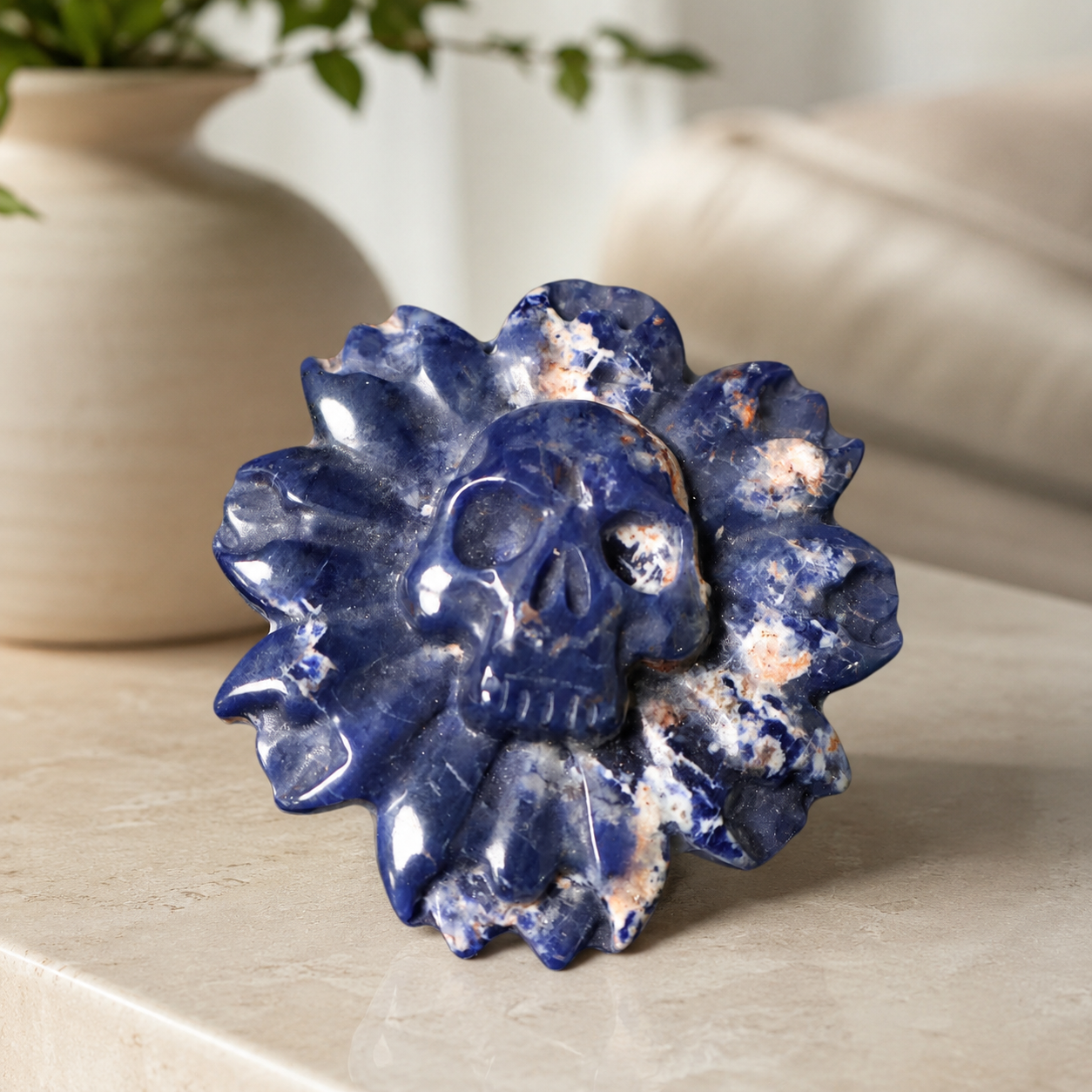 Sodalite Skull Flower Carving
