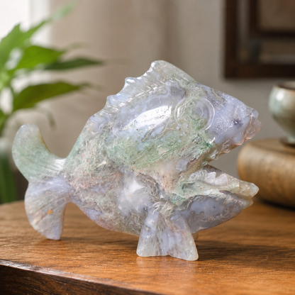 Moss Agate Piranha Carving