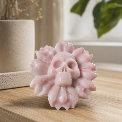 Pink Opal Skull Flower Carving