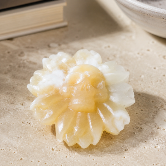Orange Calcite Skull Flower Carving