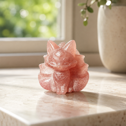 Strawberry Quartz Nine-Tail Fox Carving