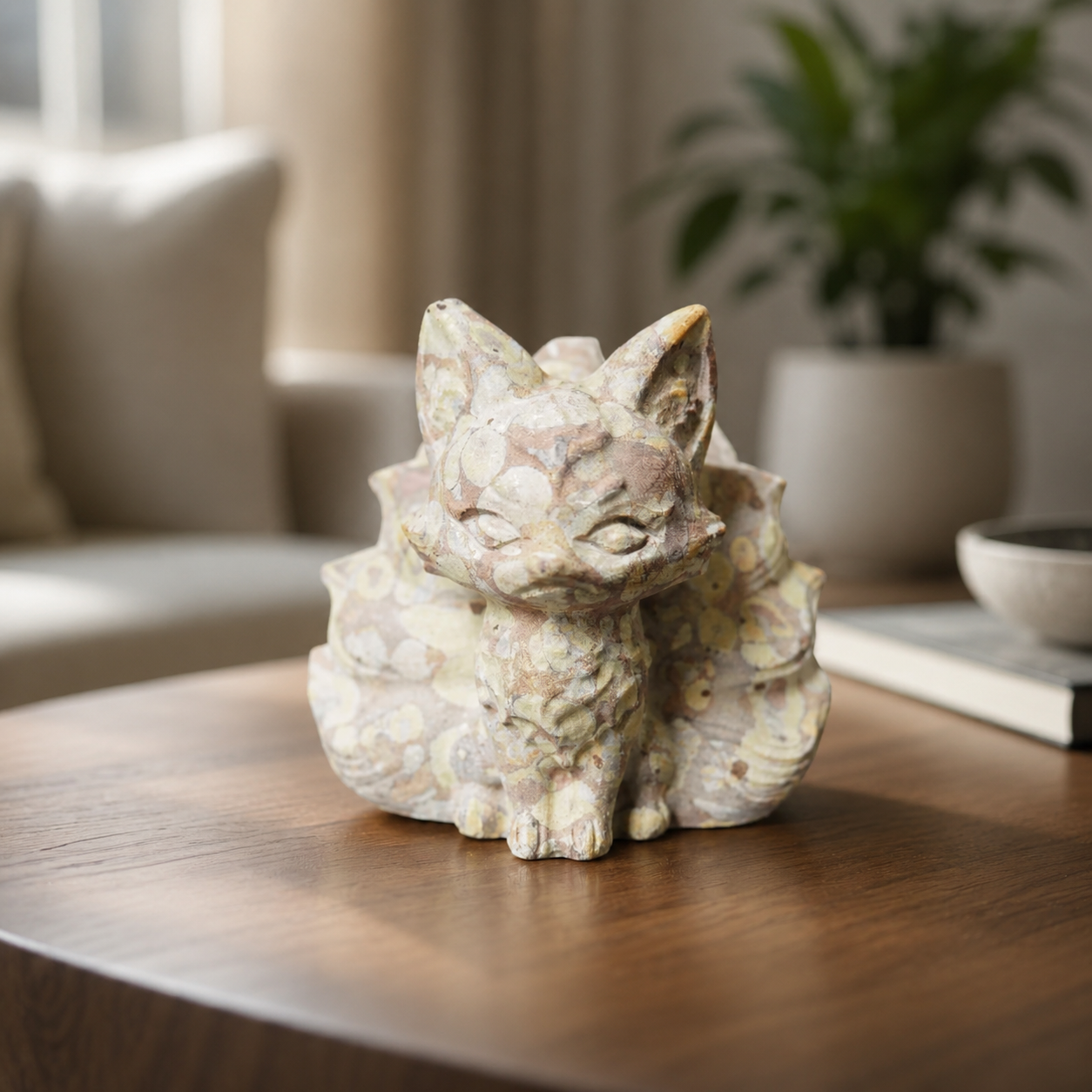 Plum Blossom Jasper Nine-Tail Fox Carving