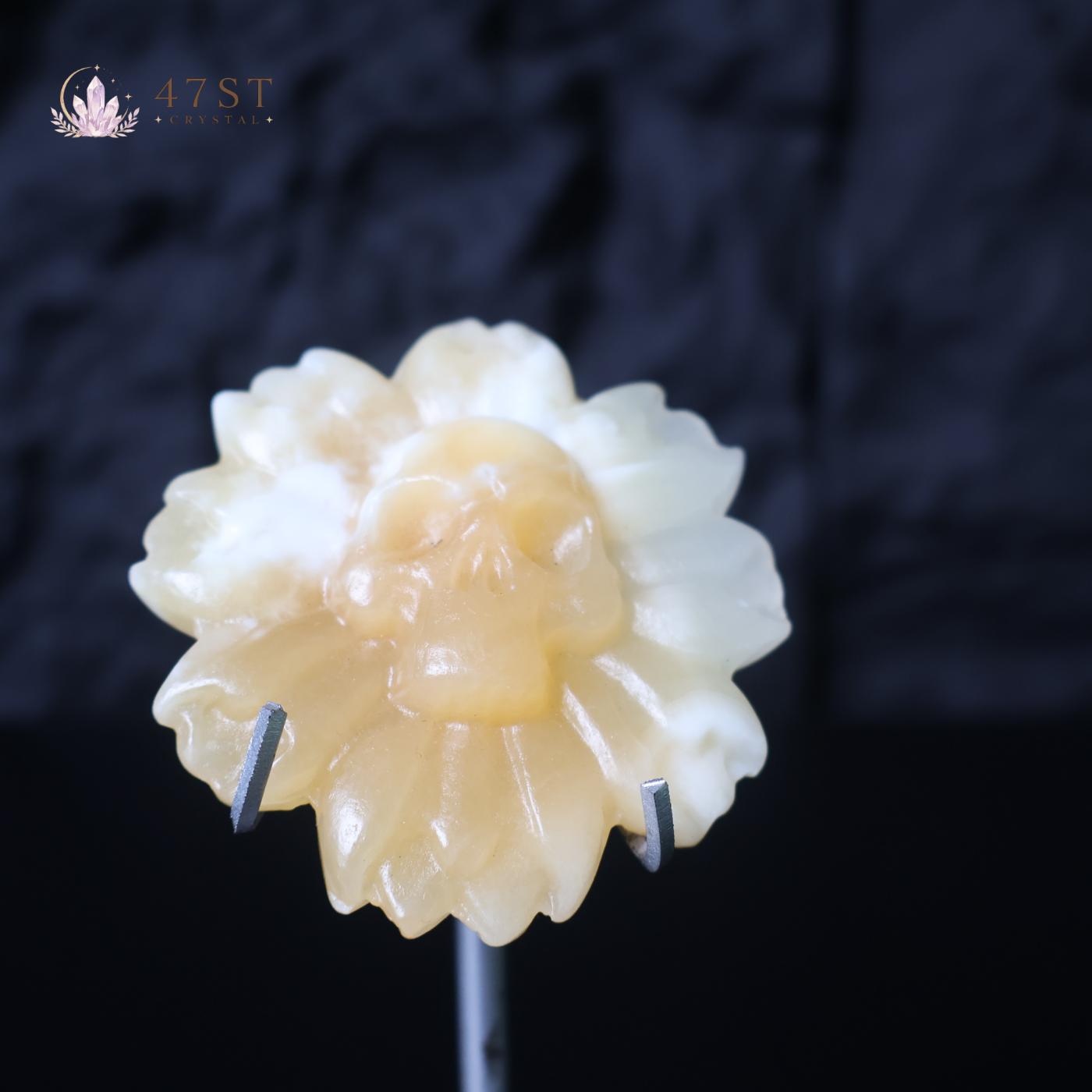 Orange Calcite Skull Flower Carving