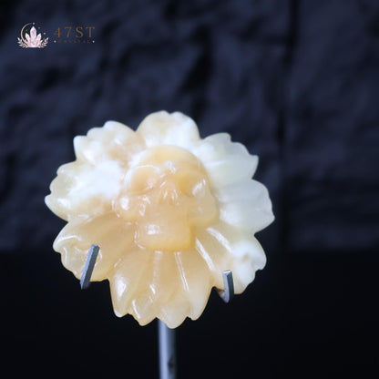 Orange Calcite Skull Flower Carving