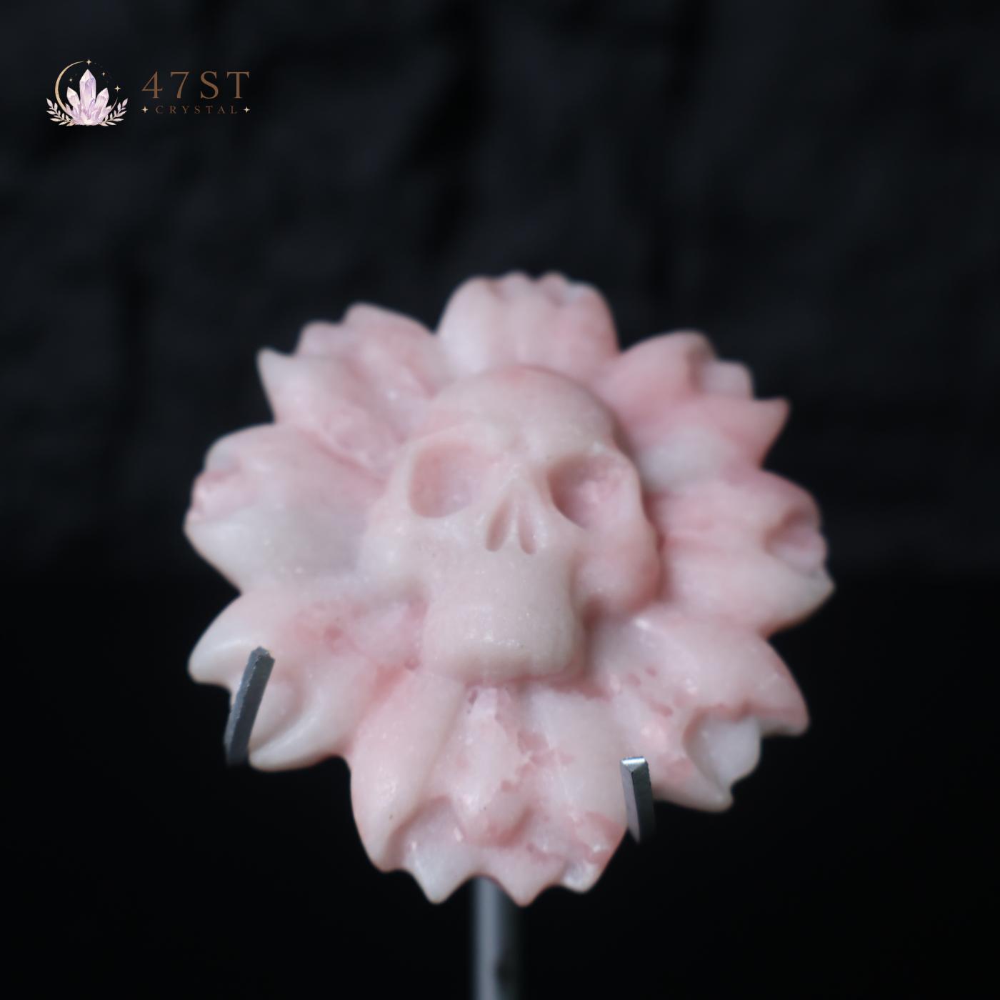 Pink Opal Skull Flower Carving