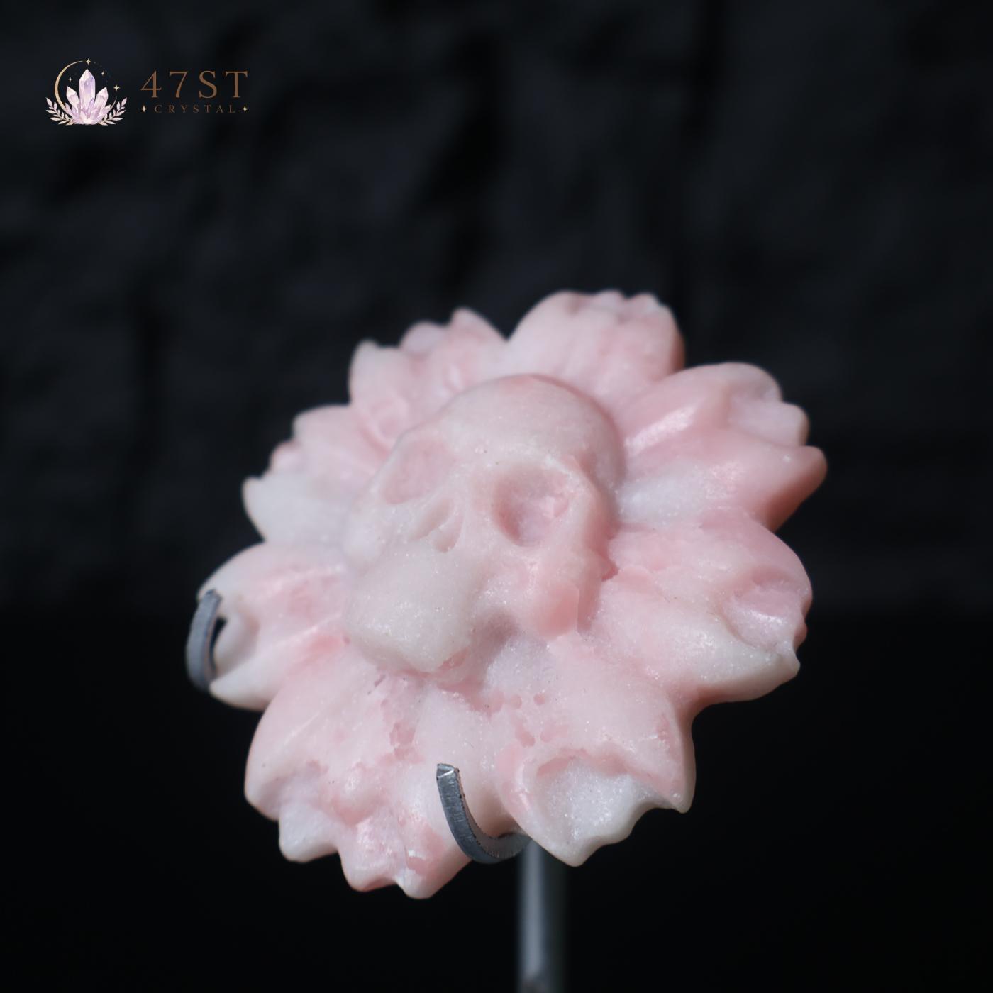 Pink Opal Skull Flower Carving
