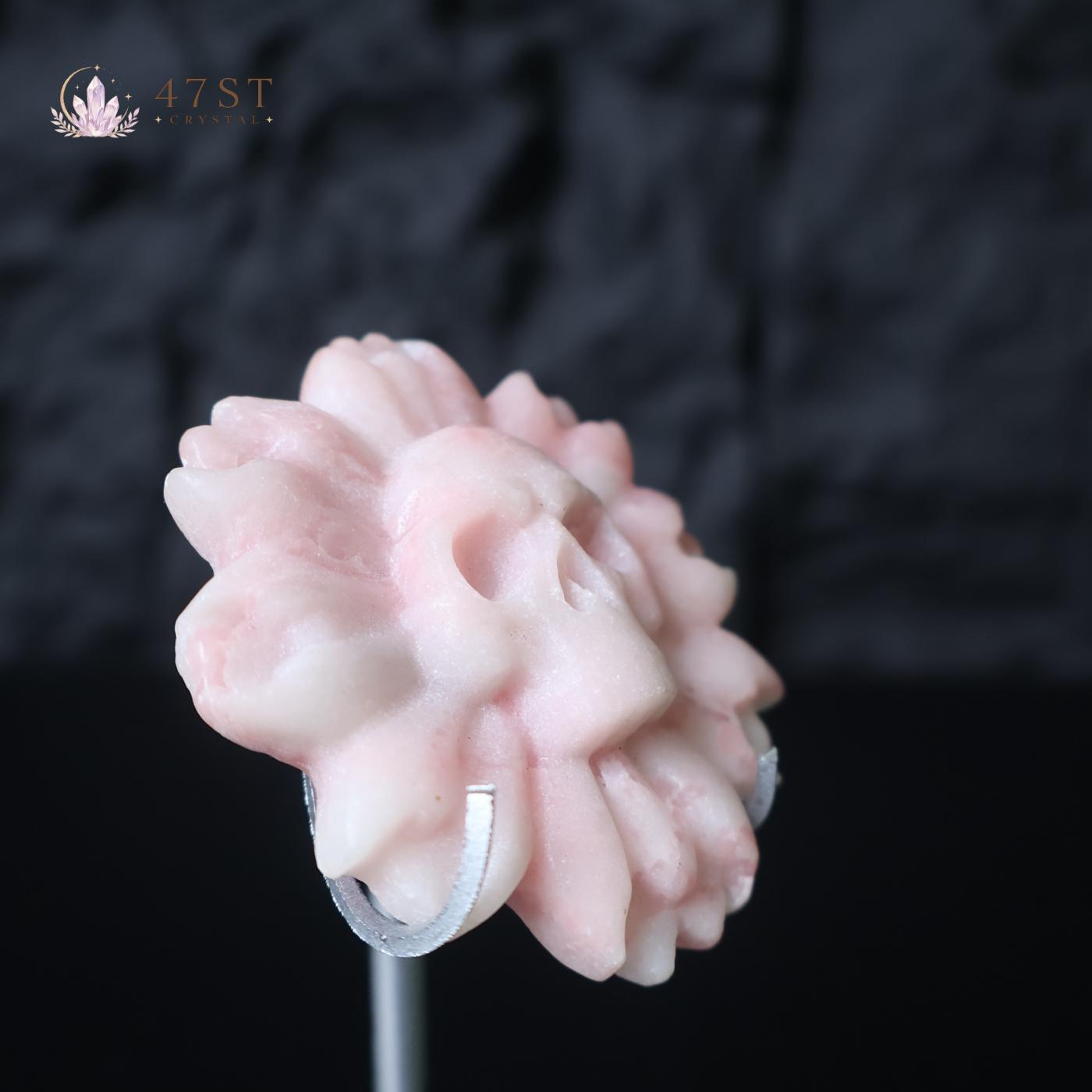 Pink Opal Skull Flower Carving