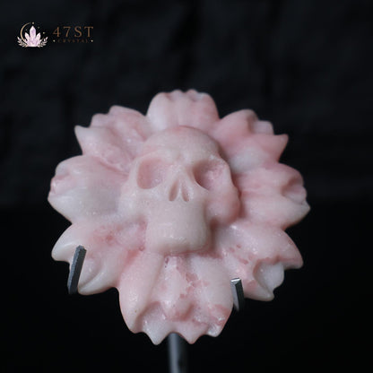 Pink Opal Skull Flower Carving