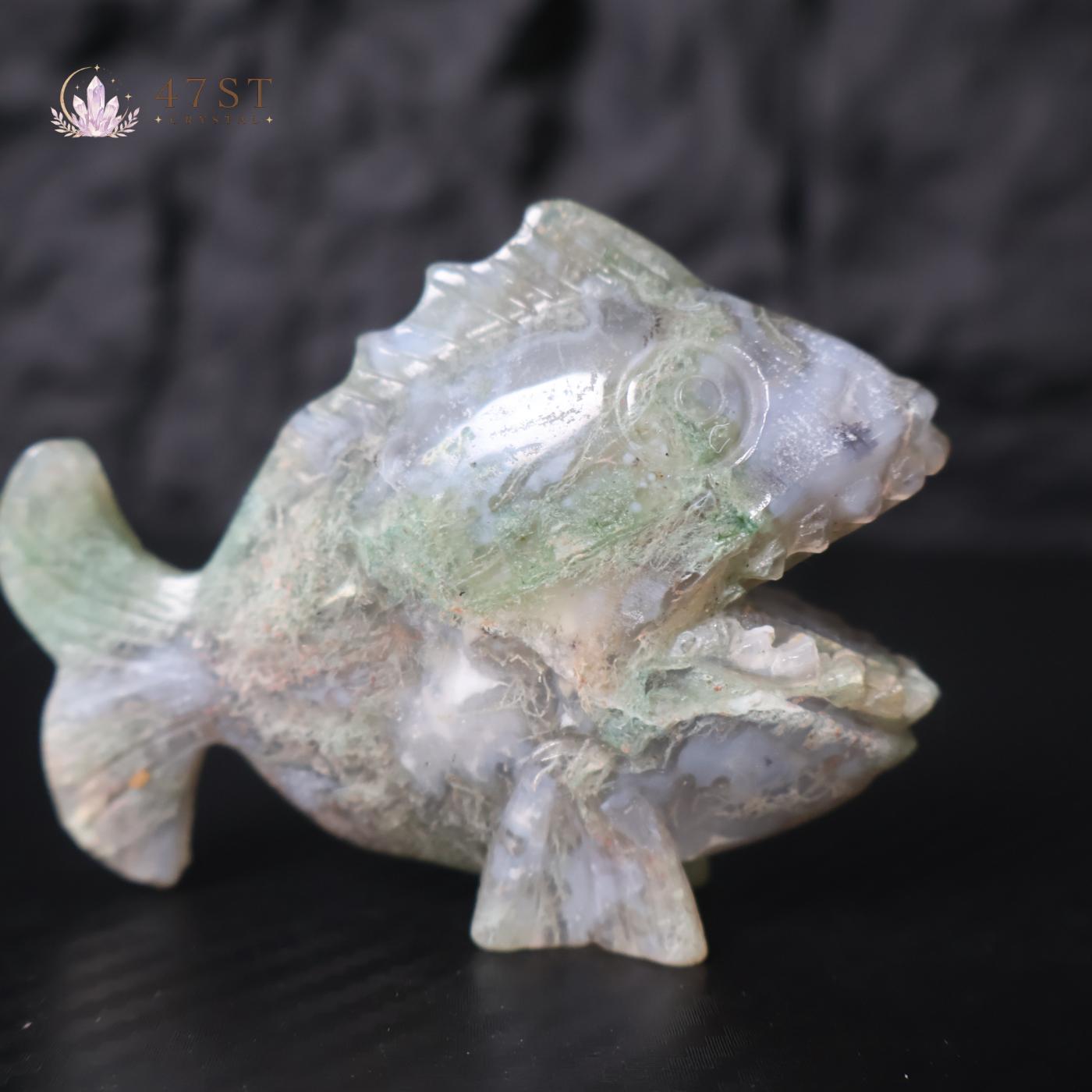 Moss Agate Piranha Carving