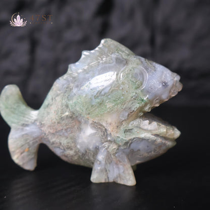 Moss Agate Piranha Carving