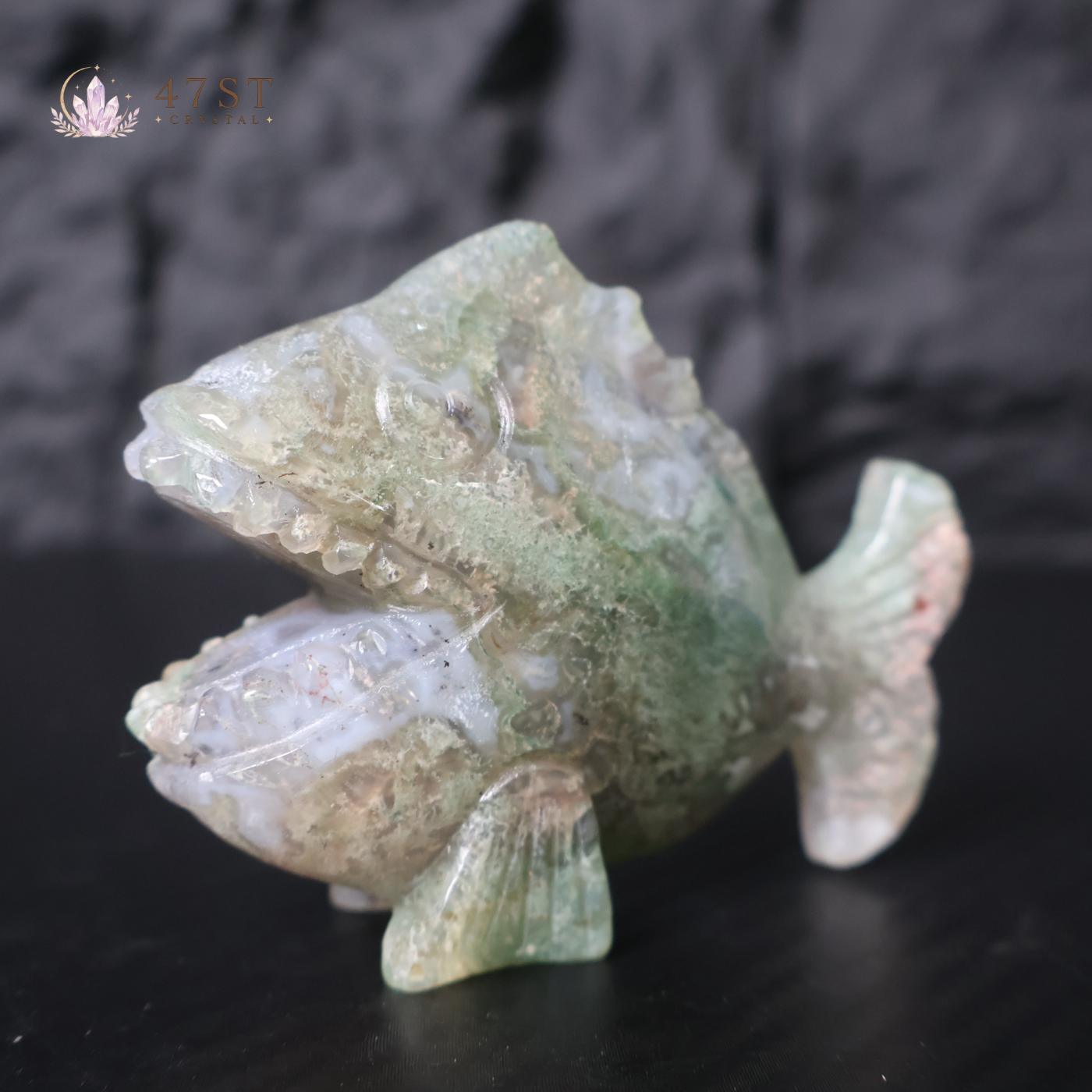 Moss Agate Piranha Carving