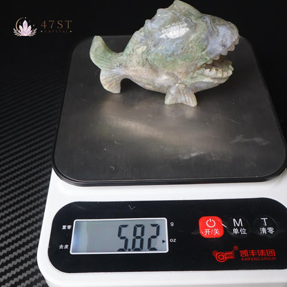 Moss Agate Piranha Carving