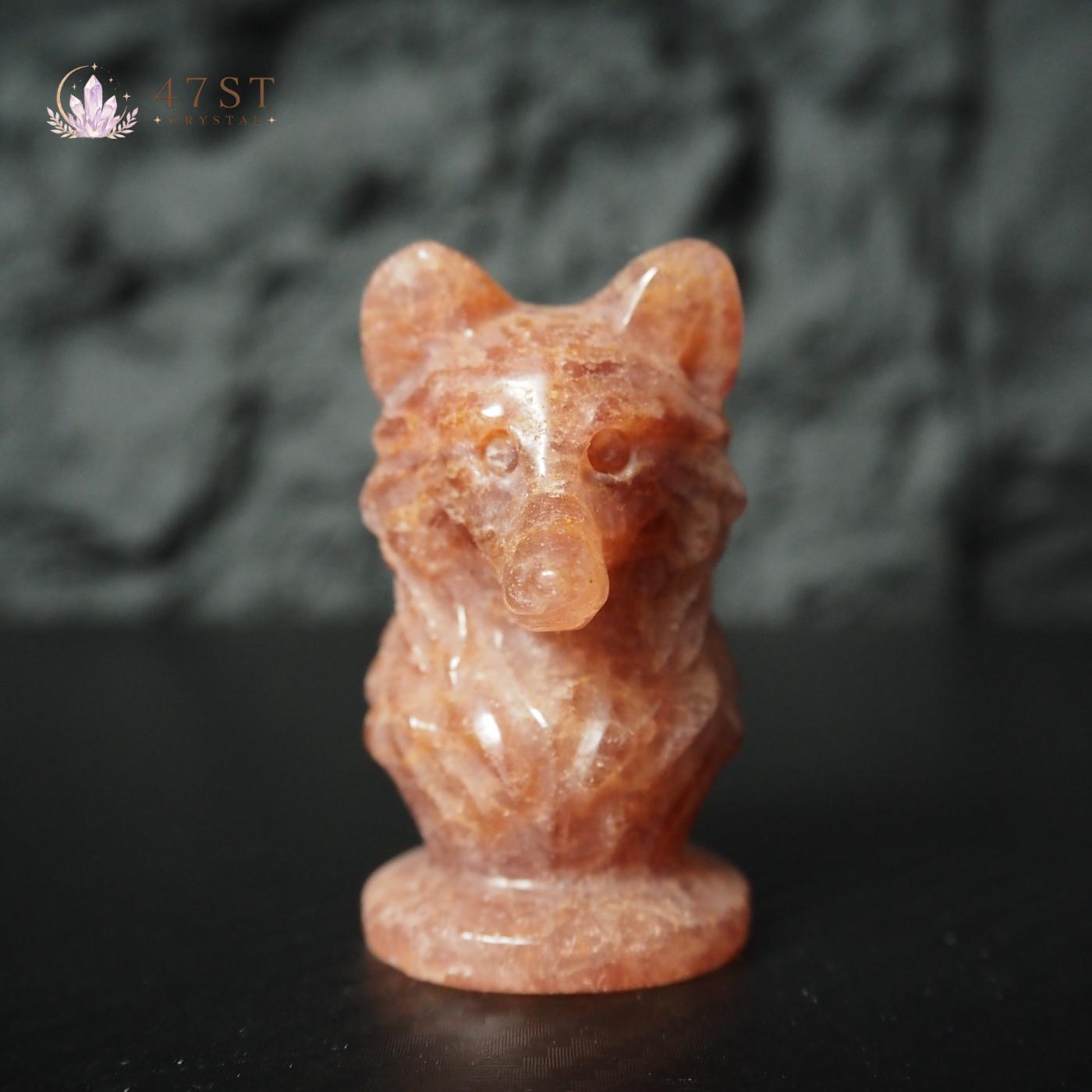 Strawberry Quartz Wolf Carving