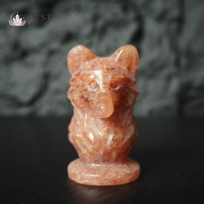 Strawberry Quartz Wolf Carving