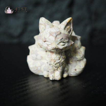 Plum Blossom Jasper Nine-Tail Fox Carving