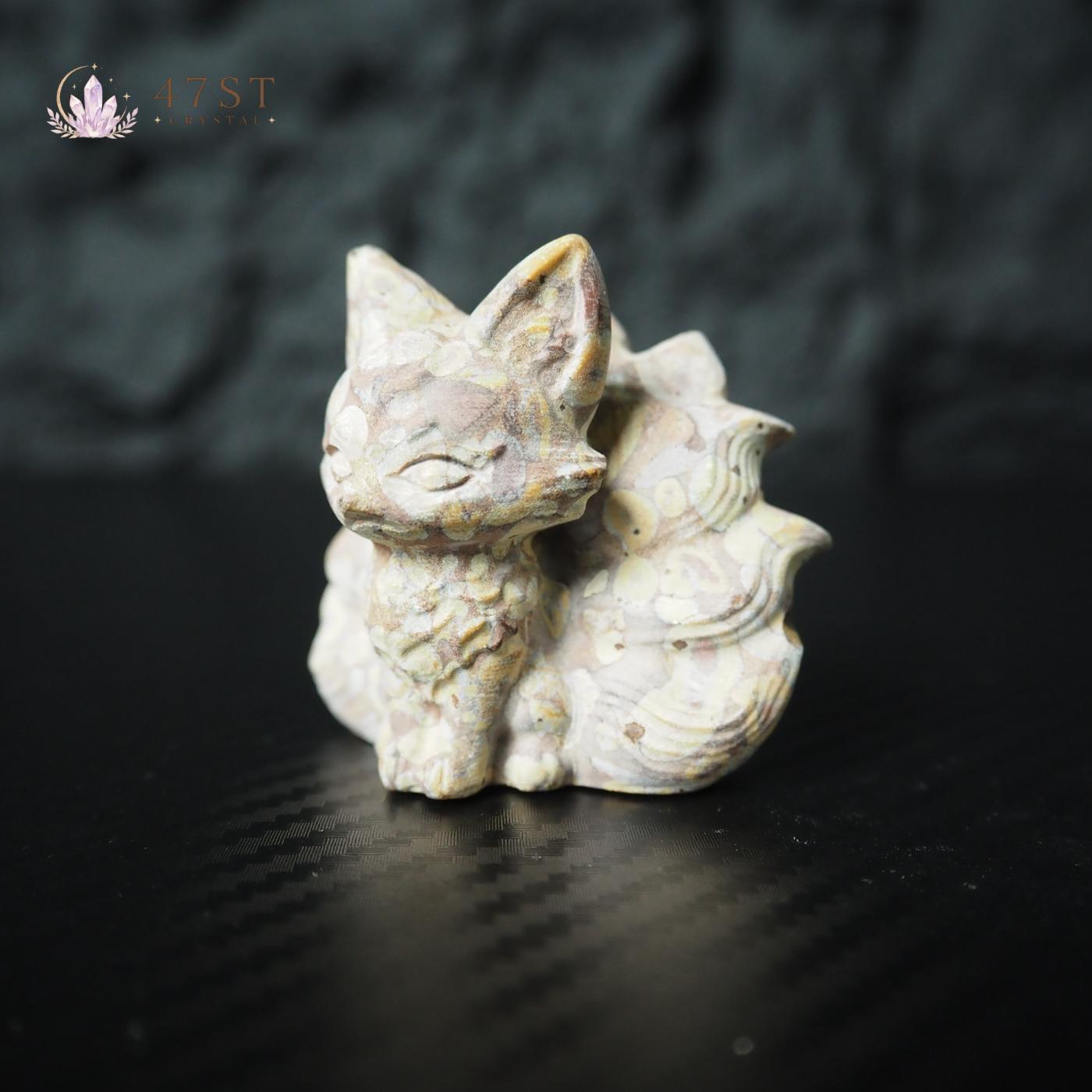 Plum Blossom Jasper Nine-Tail Fox Carving