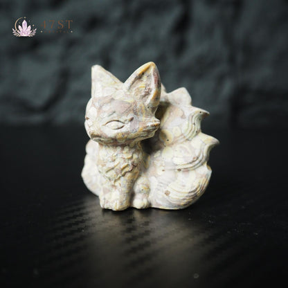 Plum Blossom Jasper Nine-Tail Fox Carving