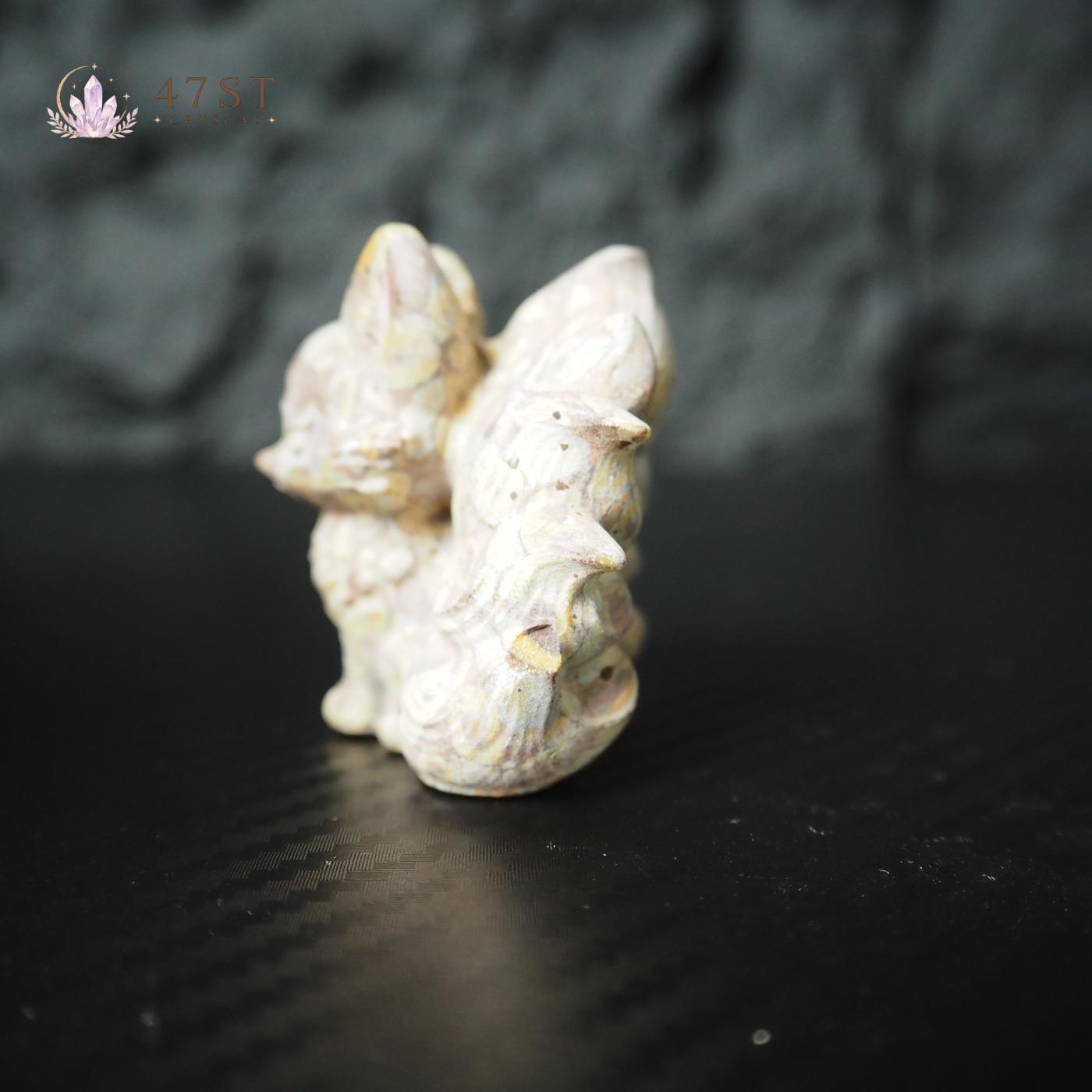 Plum Blossom Jasper Nine-Tail Fox Carving