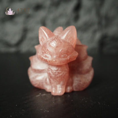 Strawberry Quartz Nine-Tail Fox Carving
