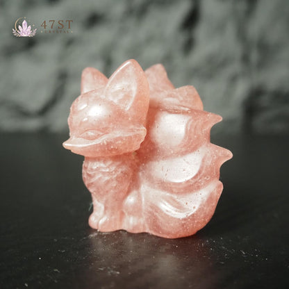 Strawberry Quartz Nine-Tail Fox Carving