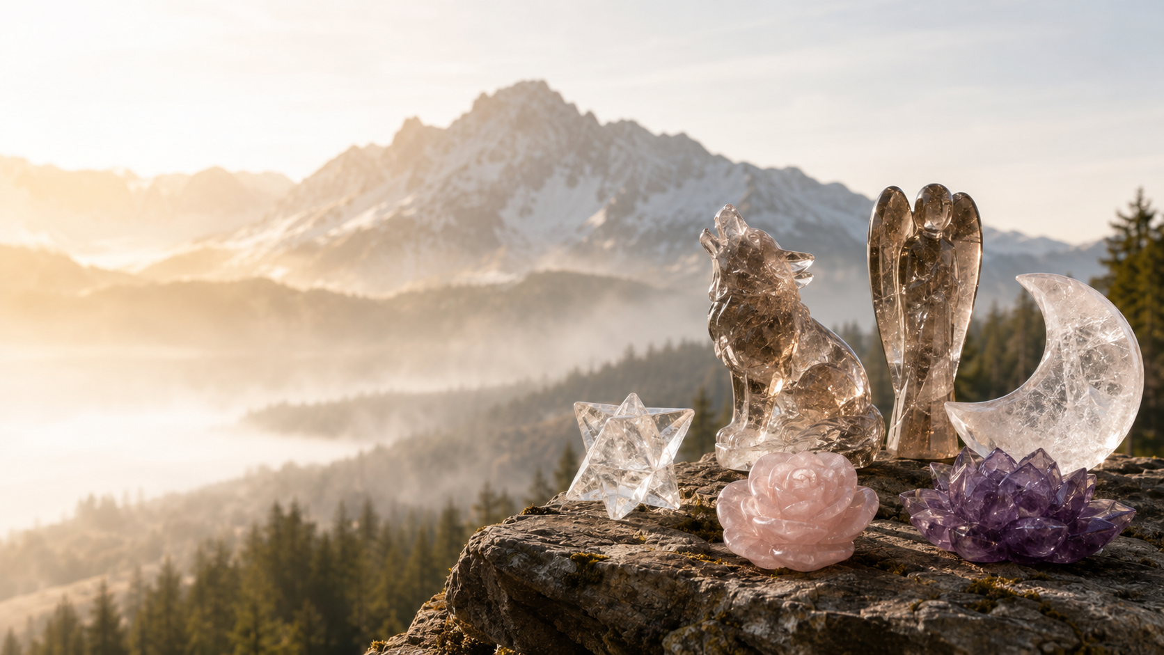Crystal carvings in a forest crystal scene