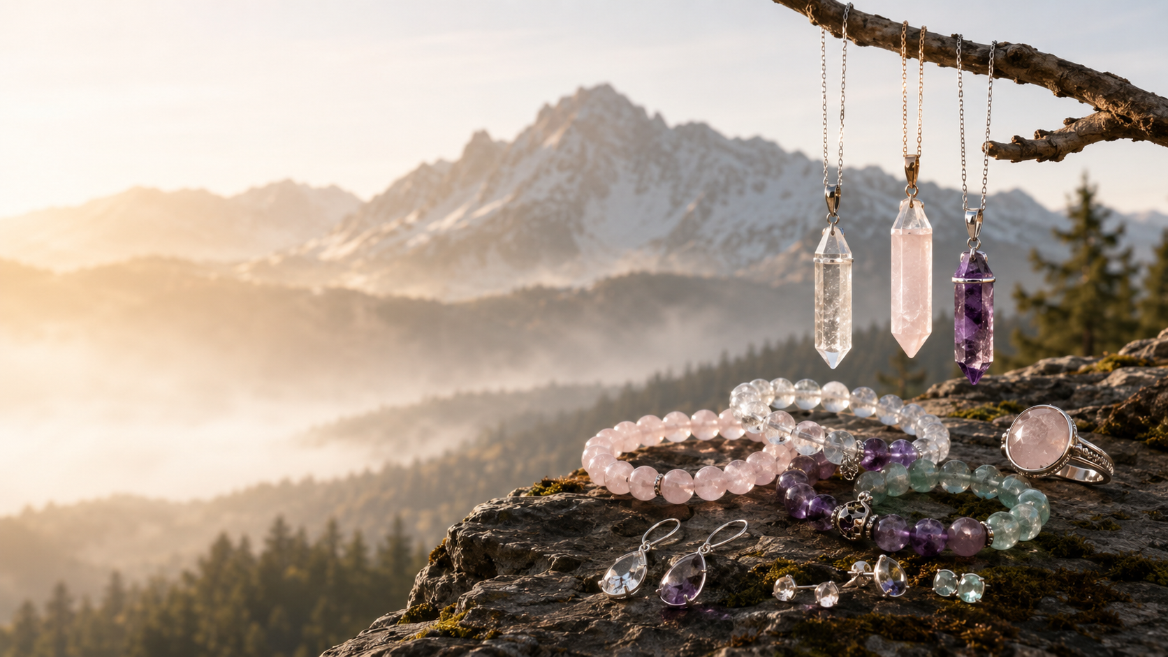 Crystal jewelry in a mountain crystal scene