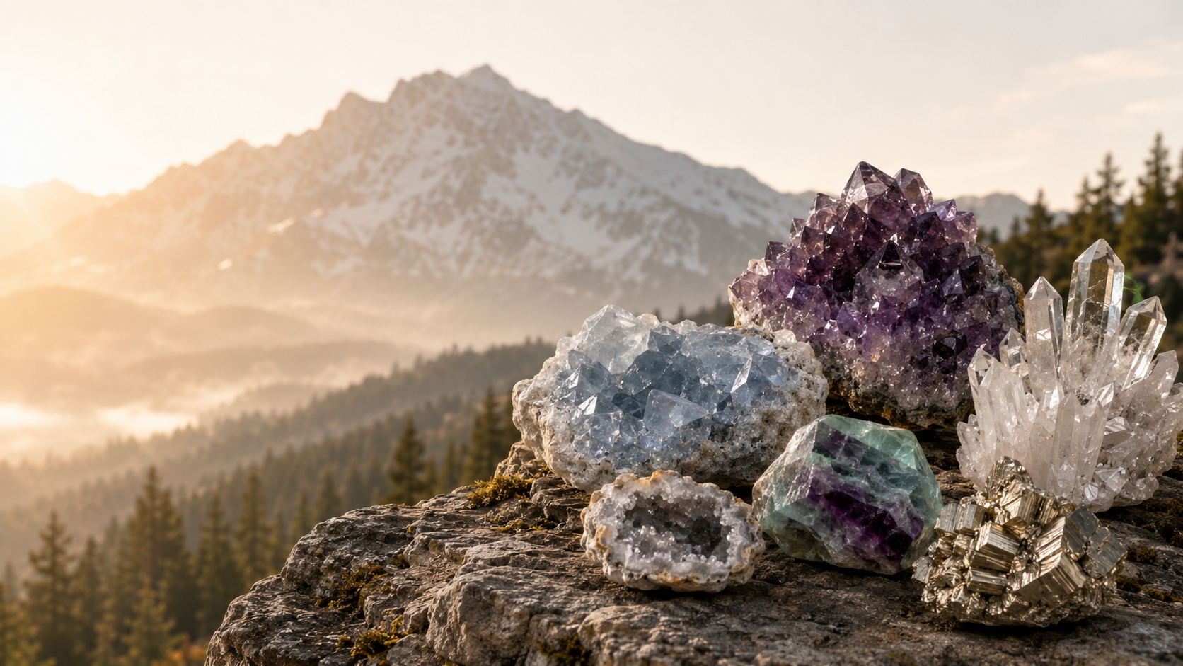 Mineral specimens in a waterfall crystal scene