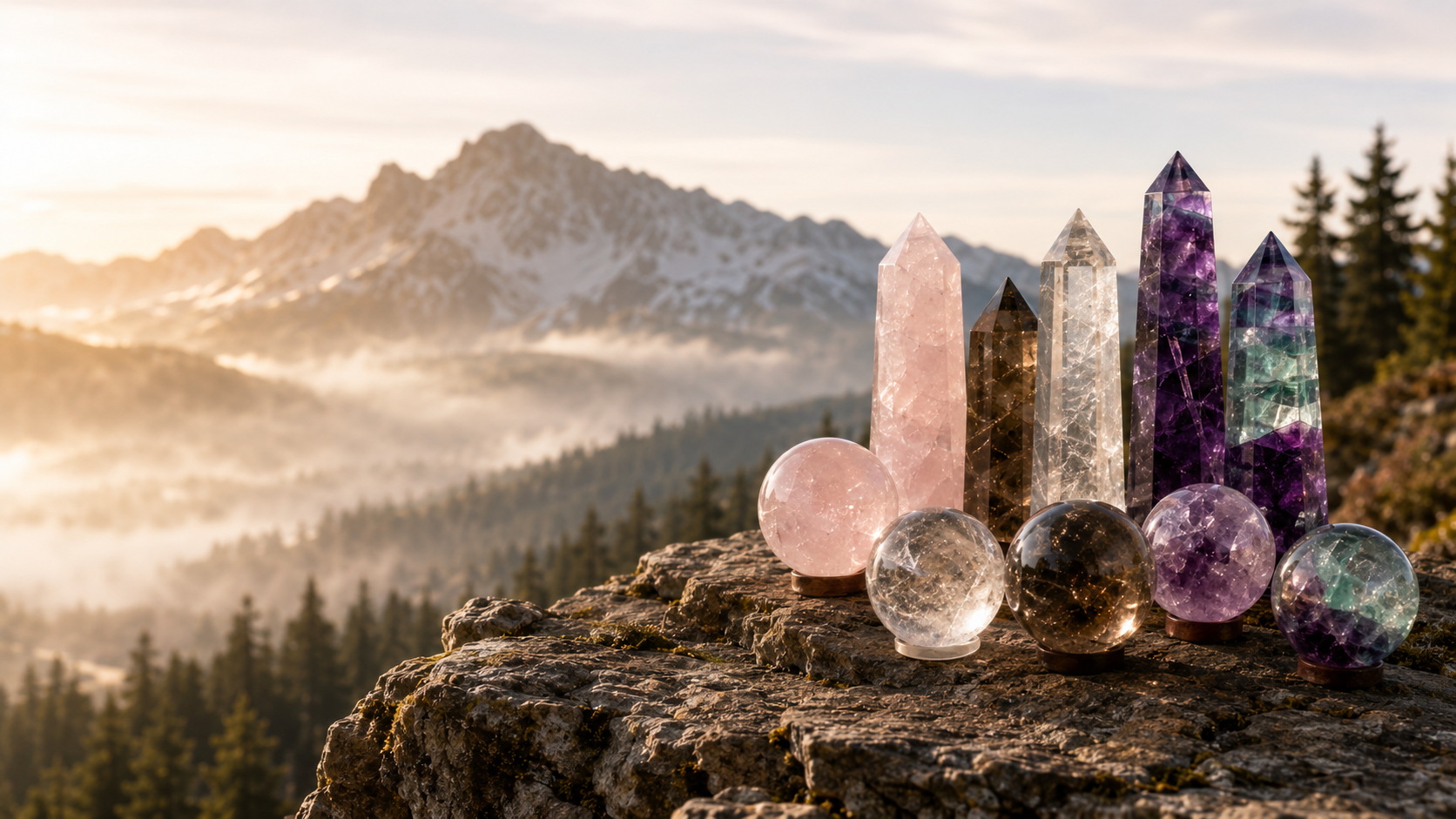 Spheres and towers in a mountain crystal scene